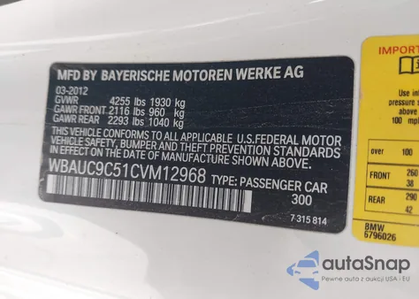 2012 BMW 135 I из США, поврежденный, VIN WBAUC9C51CVM12968